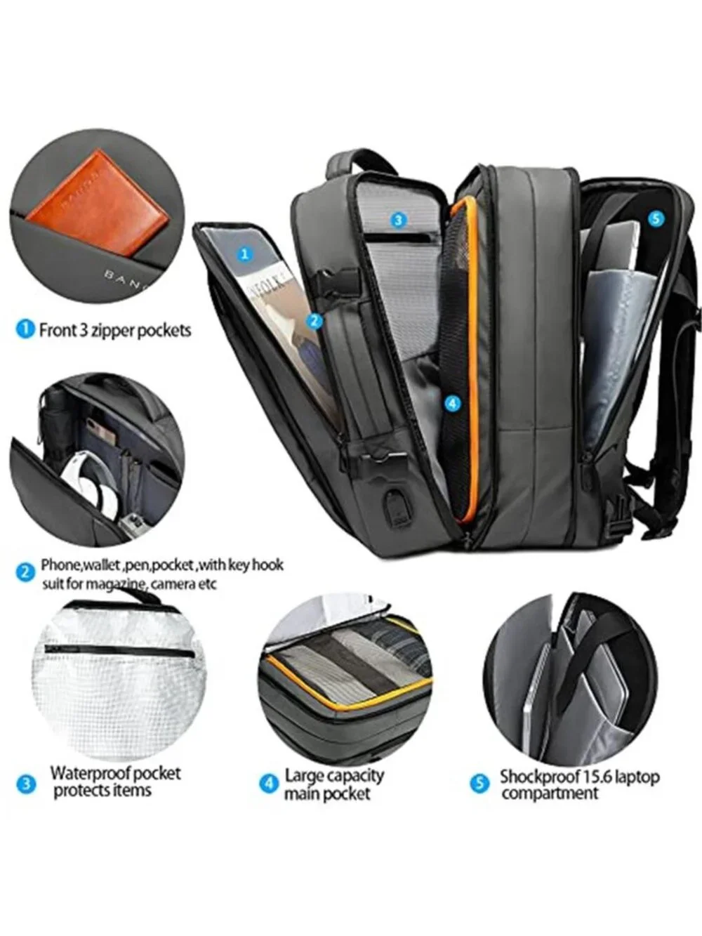 35L Expandable Travel Backpack Carry On Airline Approved Waterproof Laptop Grey